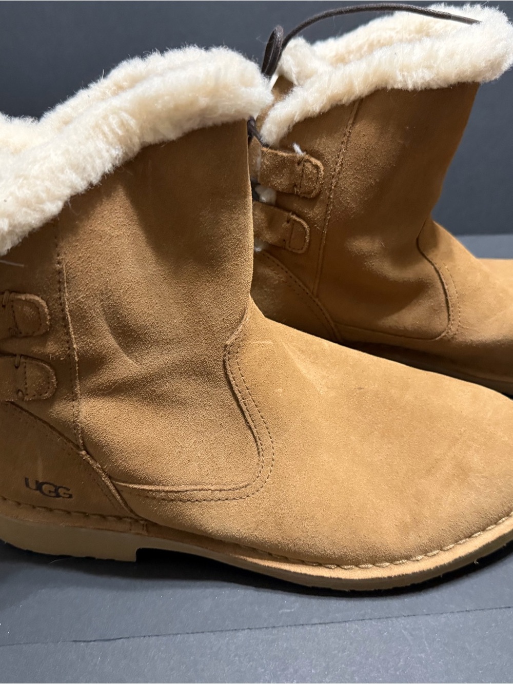 UGG Short Suede Boot with Shearling Trim - Chestnut - Picture 3 of 6